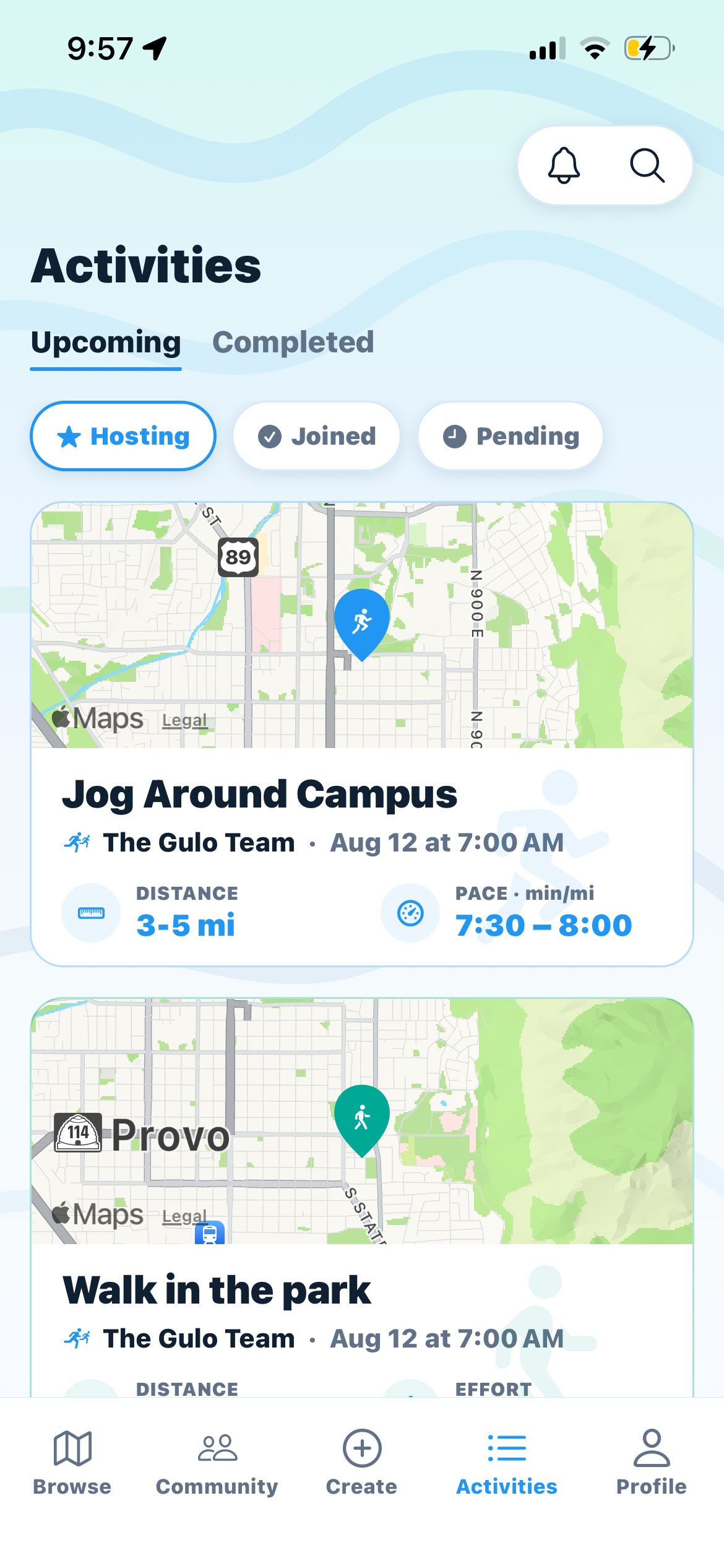List of completed activities in the Gulo app