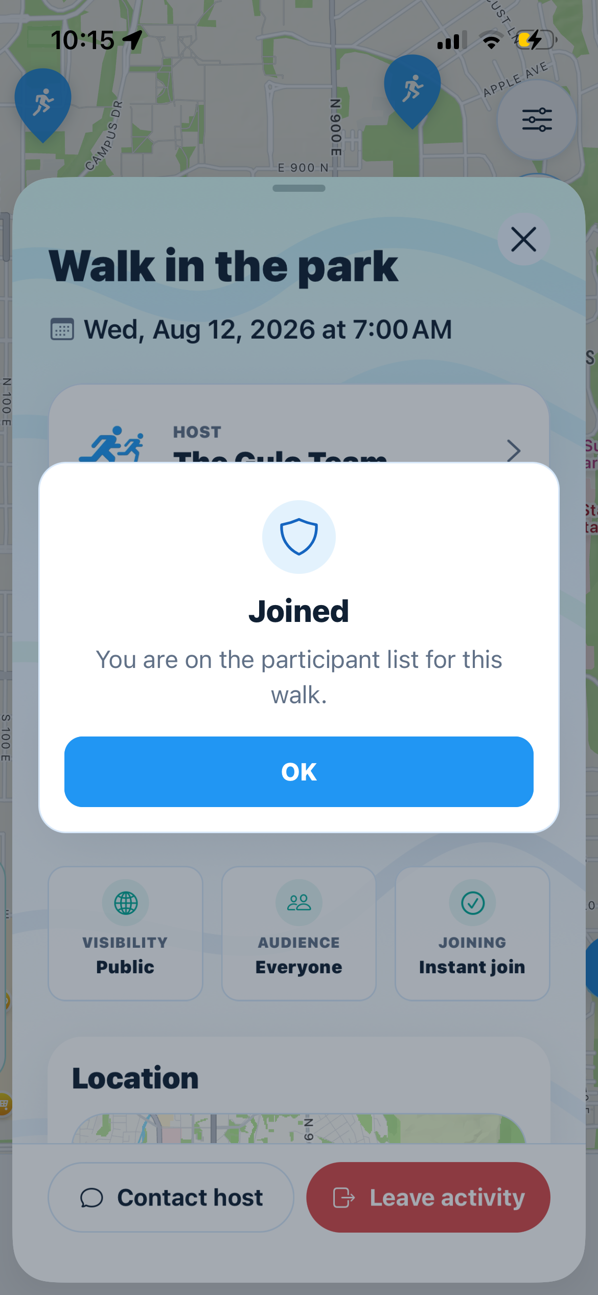 Confirming participation in an activity in the Gulo app